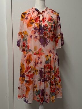 h&m orange dress floral H&M orange and blue floral print bell sleeve pleated dress size 8